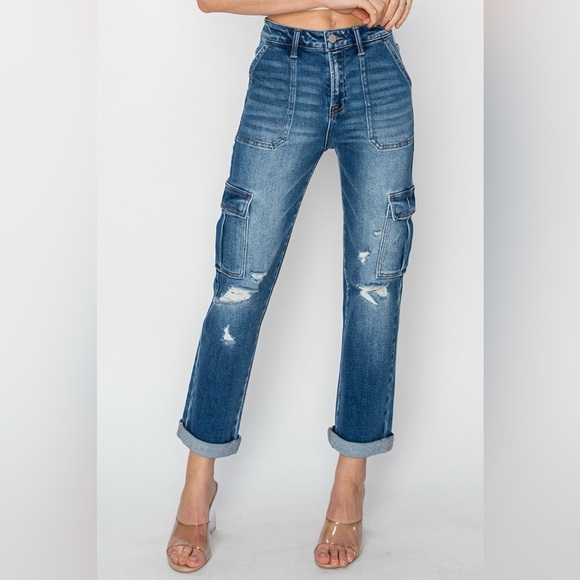 RISEN Full Size High Rise Cargo Ankle Roll Up Straight Jeans - Picture 3 of 7